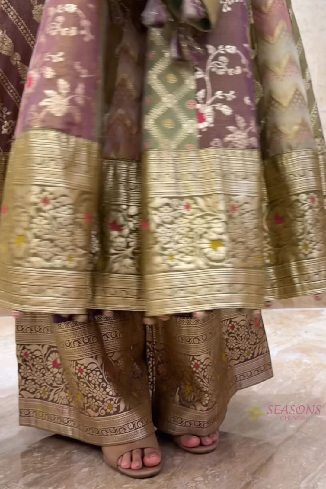 Multicolour Banarasi Anarkali Palazzo Set with Zari Dupatta