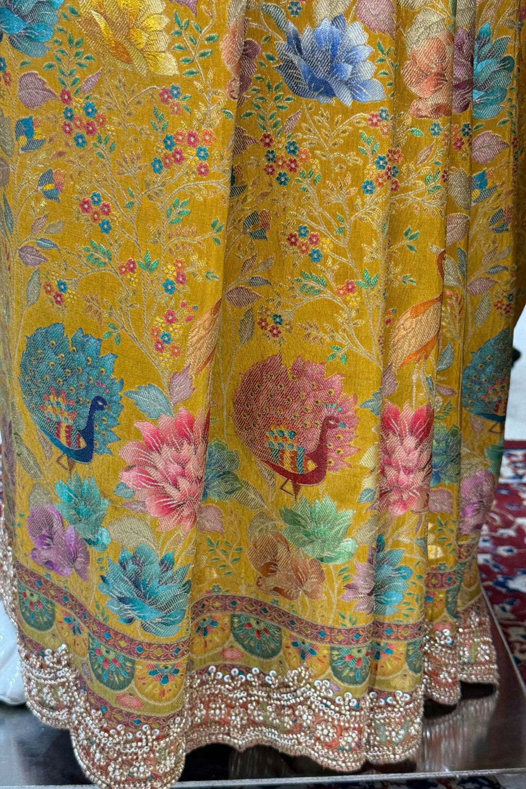 Mustard Saree Featuring Floral Banaras, Pearl, Beads and Sequins work