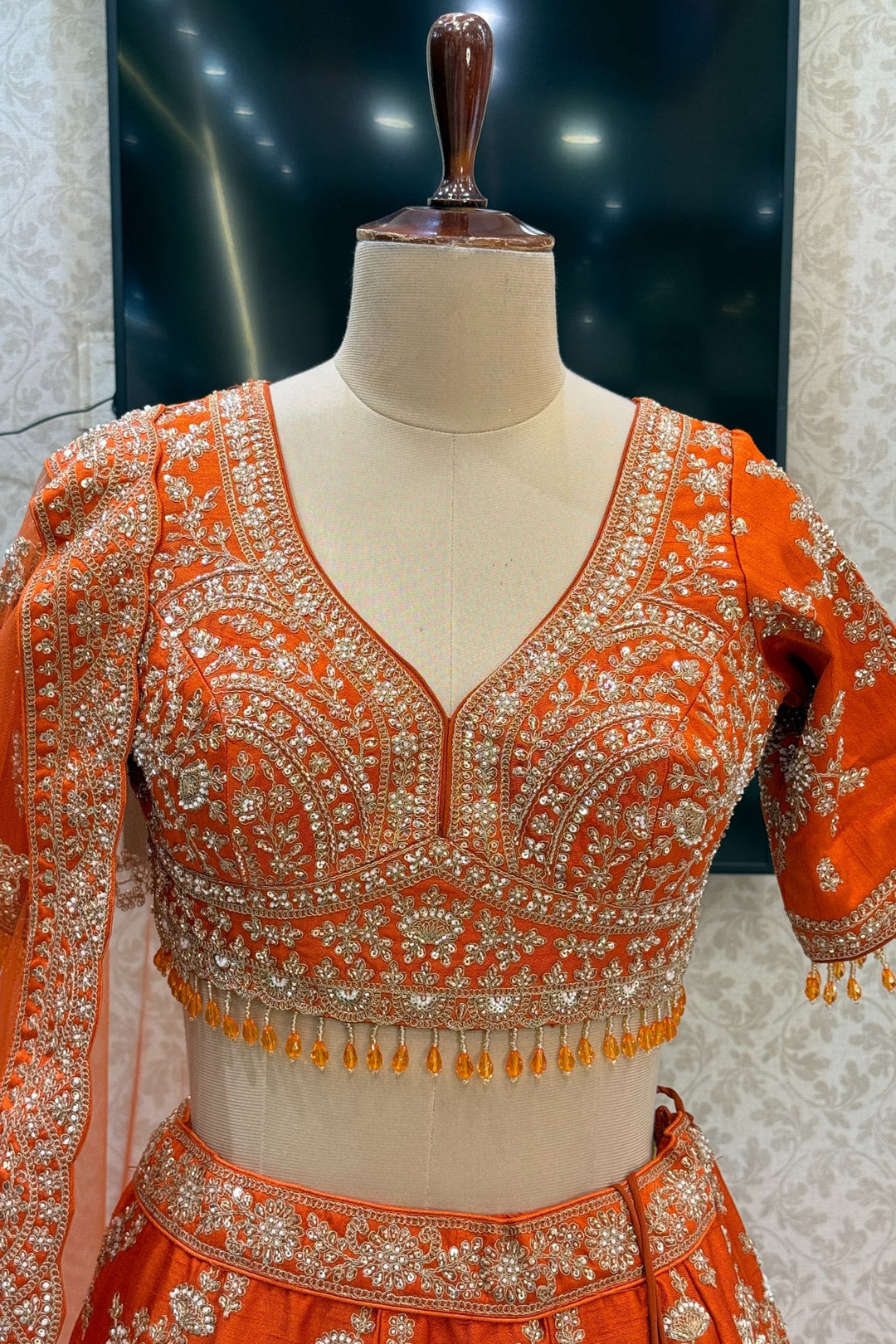 Orange Beads, Zari, Zardozi and Sequins work Crop Top Designer Bridal Lehenga with Belt