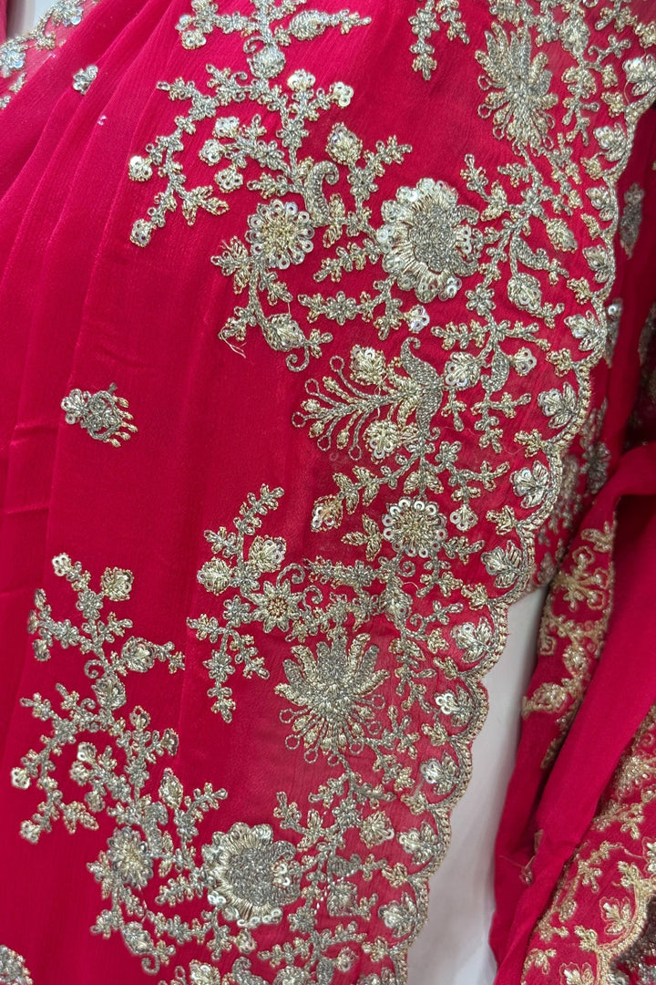 Rani Pink Zari and Sequins work Saree