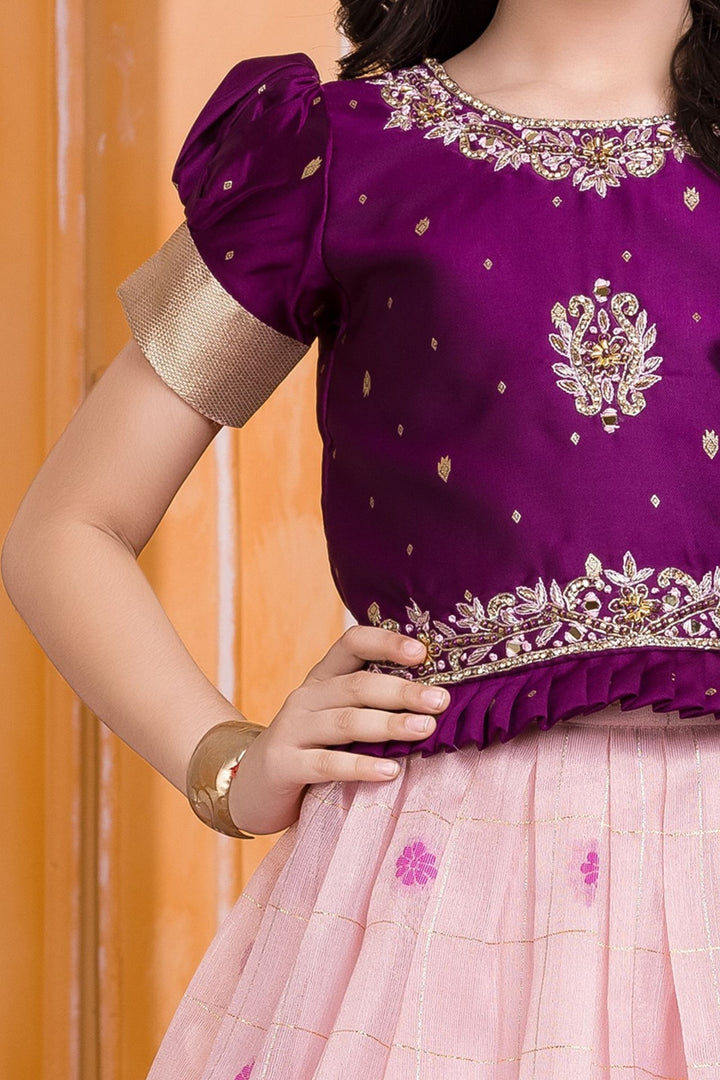 Wine with Light Pink Zardozi, Stone, Beads and Banaras Zari work Lehenga Choli for Girls