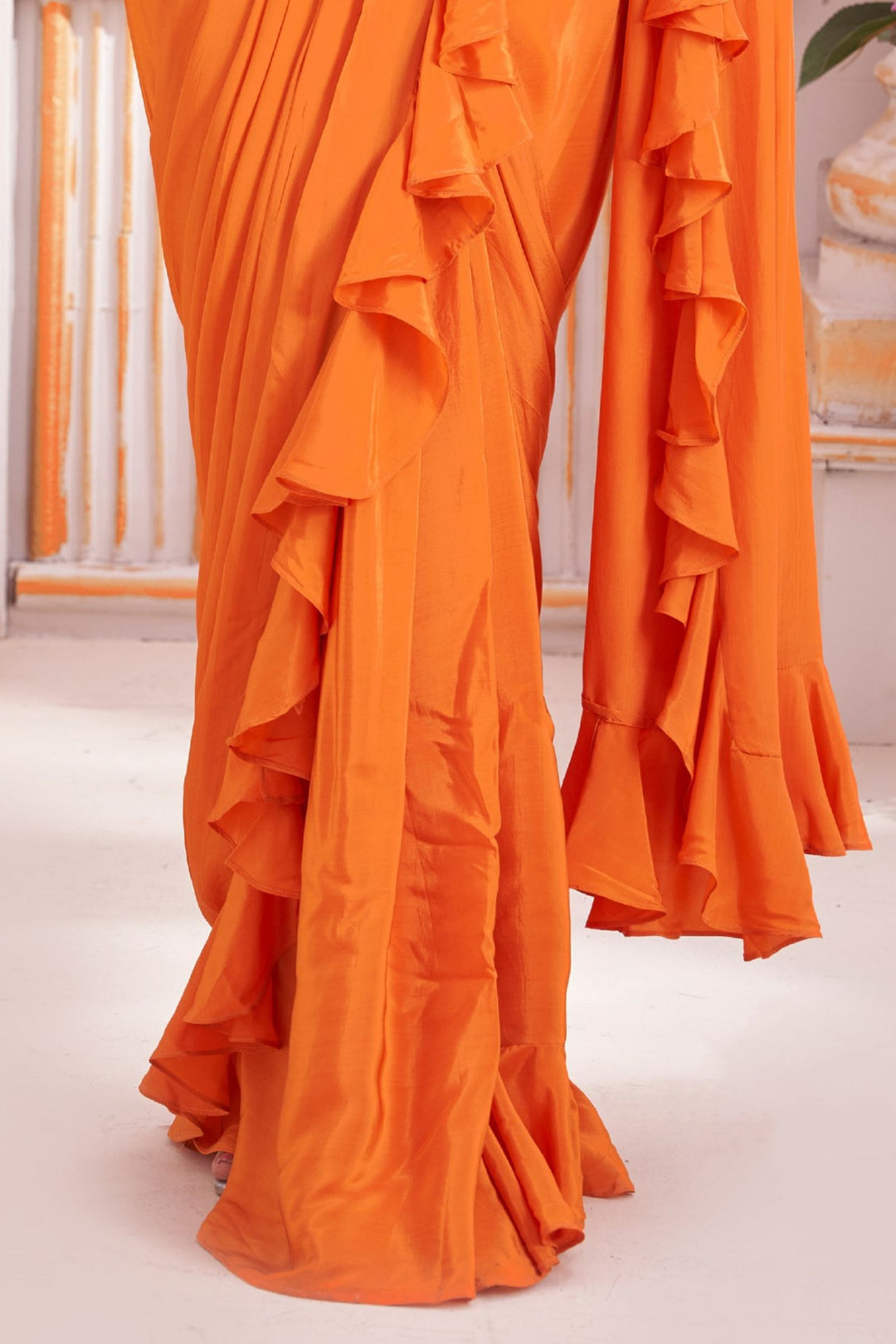 Orange Readymade Saree with Digital Print, Beads and Sequins work Readymade Blouse