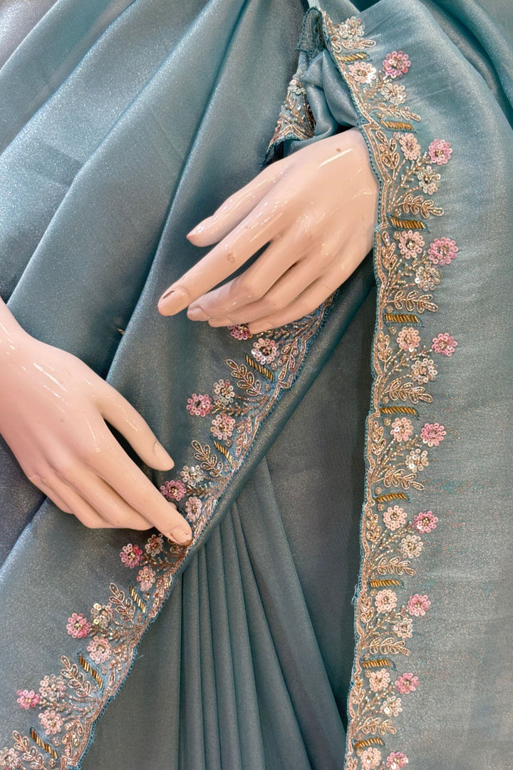 Sky Blue Stone, Sequins, Zardozi and Beads work Saree