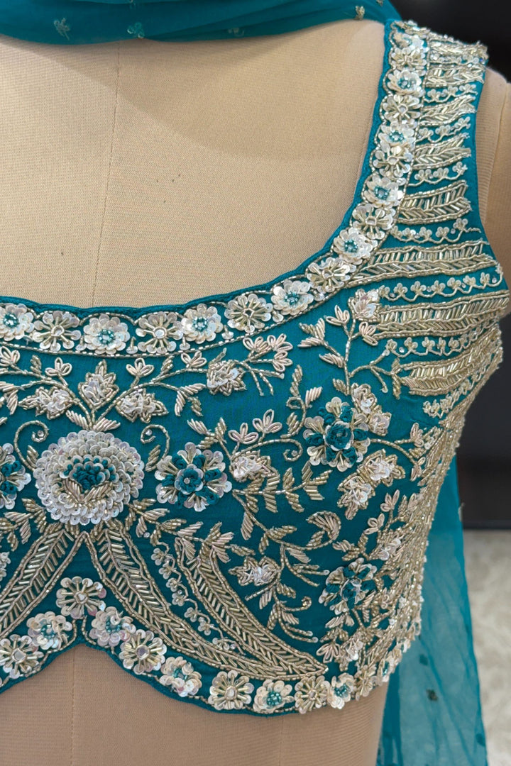 Rama Blue Sequins, Beads, Mirror, Zardozi and Zari work Crop Top Lehenga