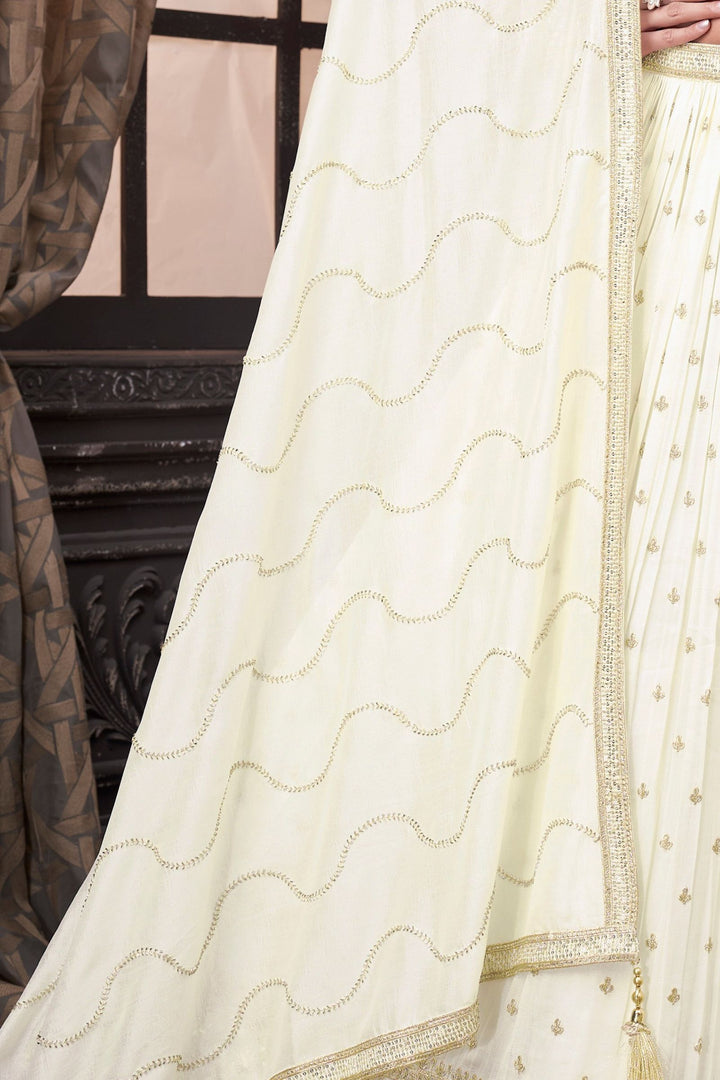 Half White Beads, Sequins and Zari work Crop Top Lehenga