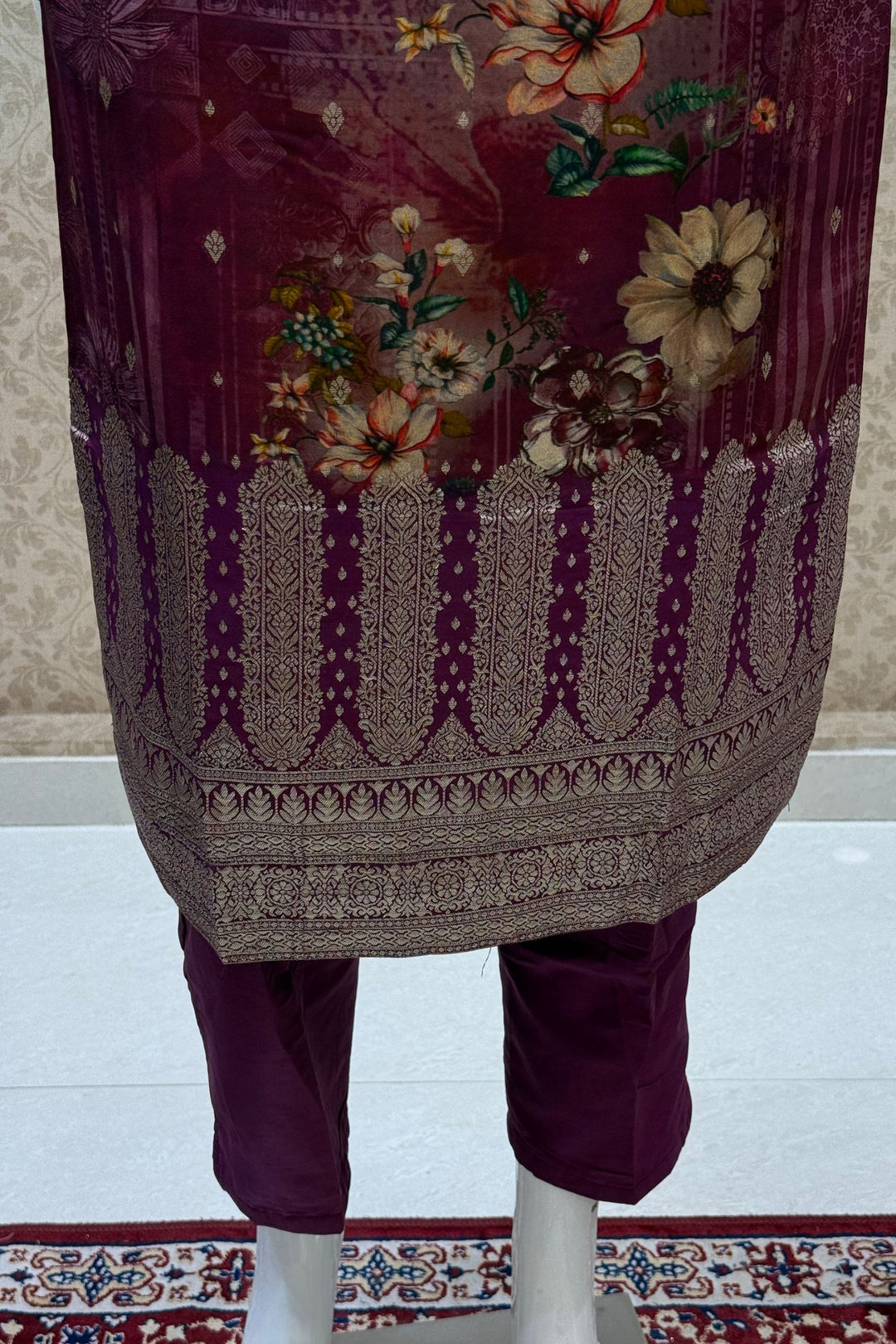 Wine Straight Cut Salwar Suit with Digital Print, Mirror, Zari and Banaras work