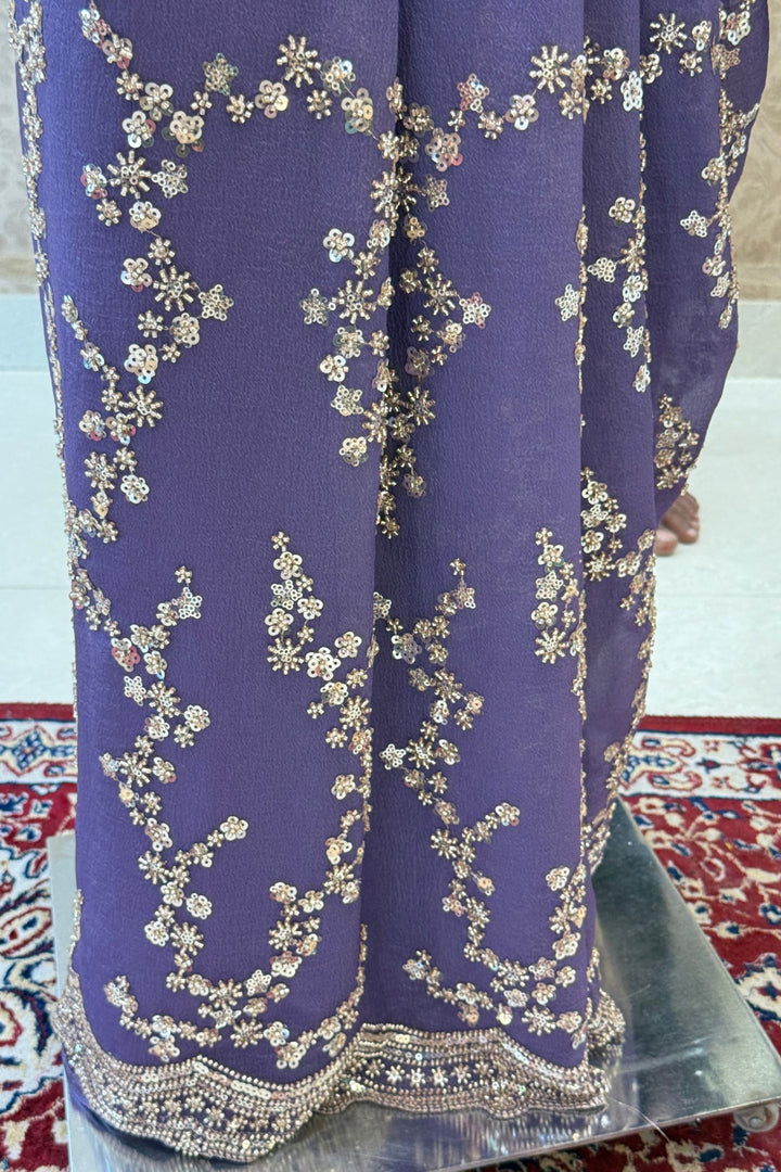 Purple Sequins, Beads and Zari work Saree