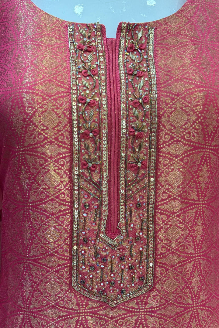 Pink Zardozi, Stone, Beads, Sequins and Brocade work Straight Cut Salwar Suit