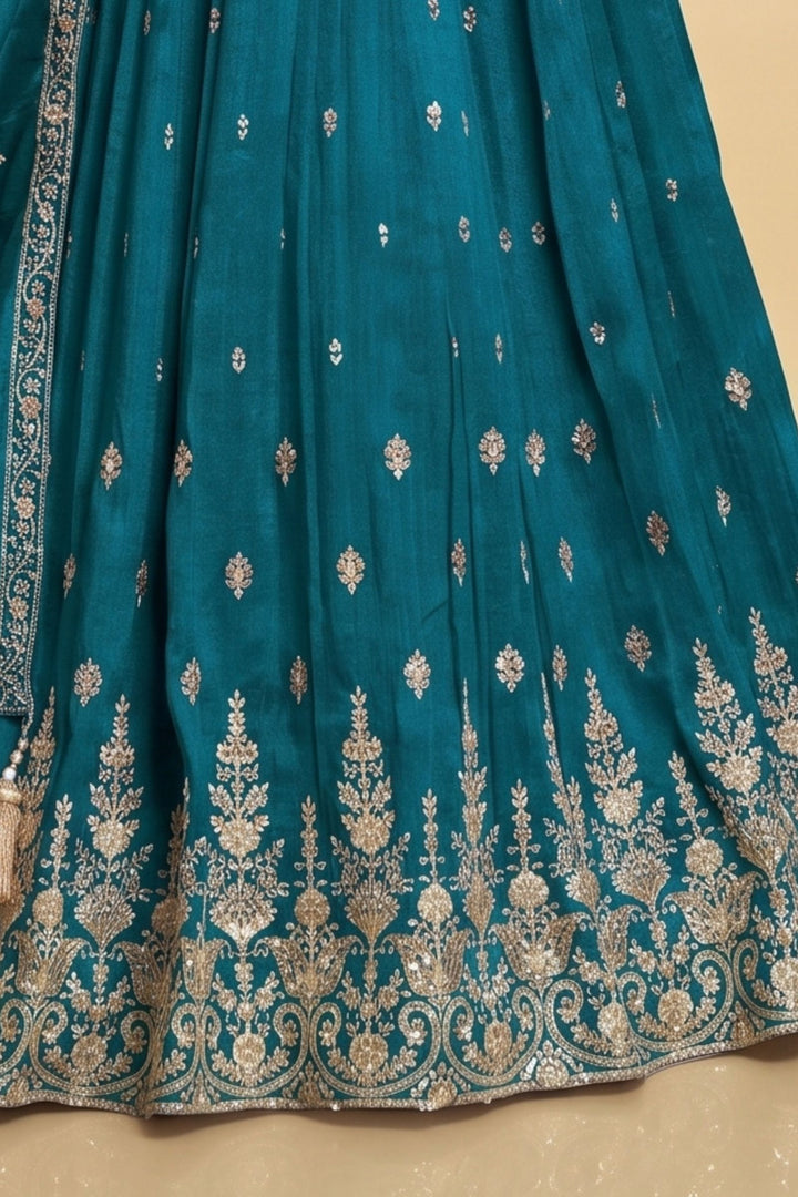 Teal Blue Zari Thread, Beads and Sequins work Lehenga