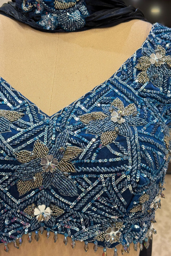 Peacock Blue Mirror, Beads and Sequins work Crop Top Lehenga