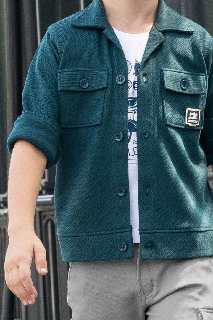 Teal Blue Blazer, White Printed T-Shirt and Grey Pant Set for Boys