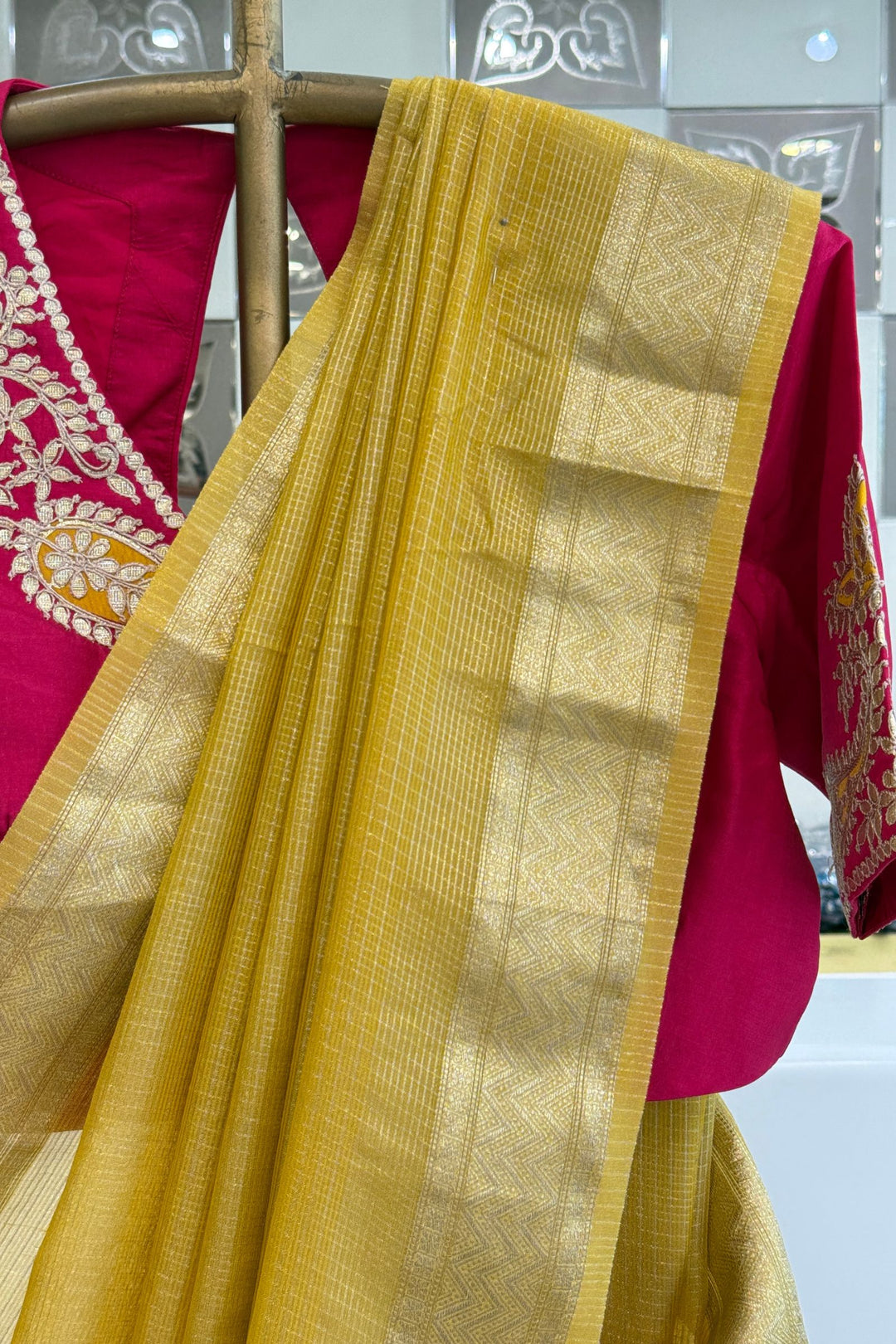Yellow Zari work Saree with Gotapatti work Readymade Blouse