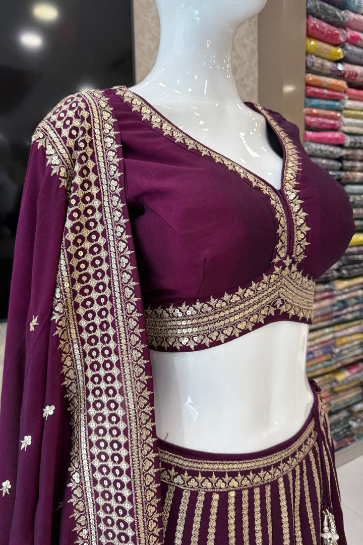 Wine Sequins and Zari work Crop Top Lehenga