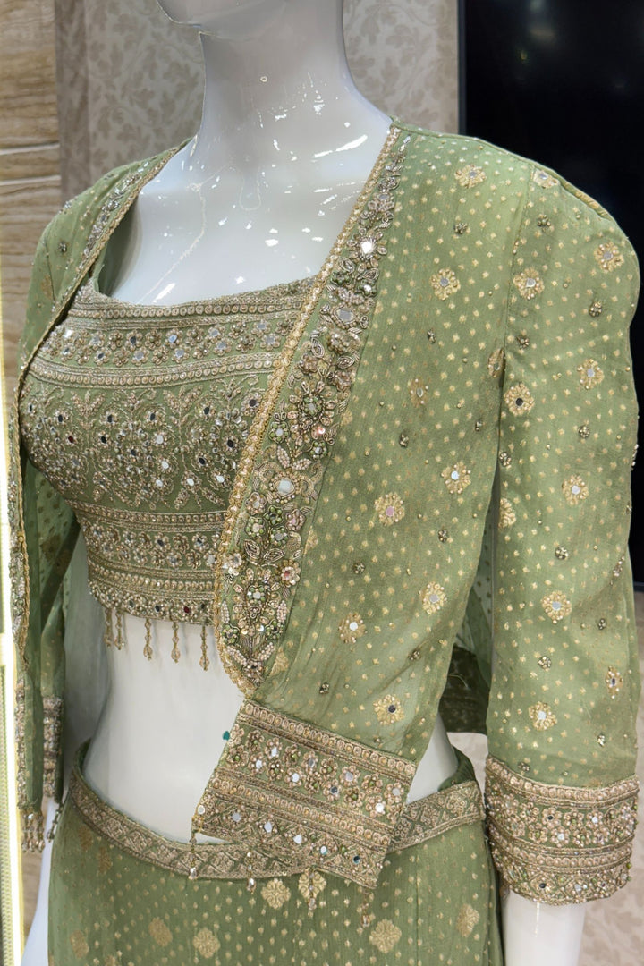 Pista Green Stone, Zari and Sequins work Crop Top with Overcoat Styled Palazzo Suit Set