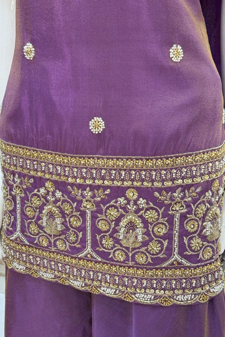 Purple Beads, Sequins and Zari work Palazzo Salwar Suit