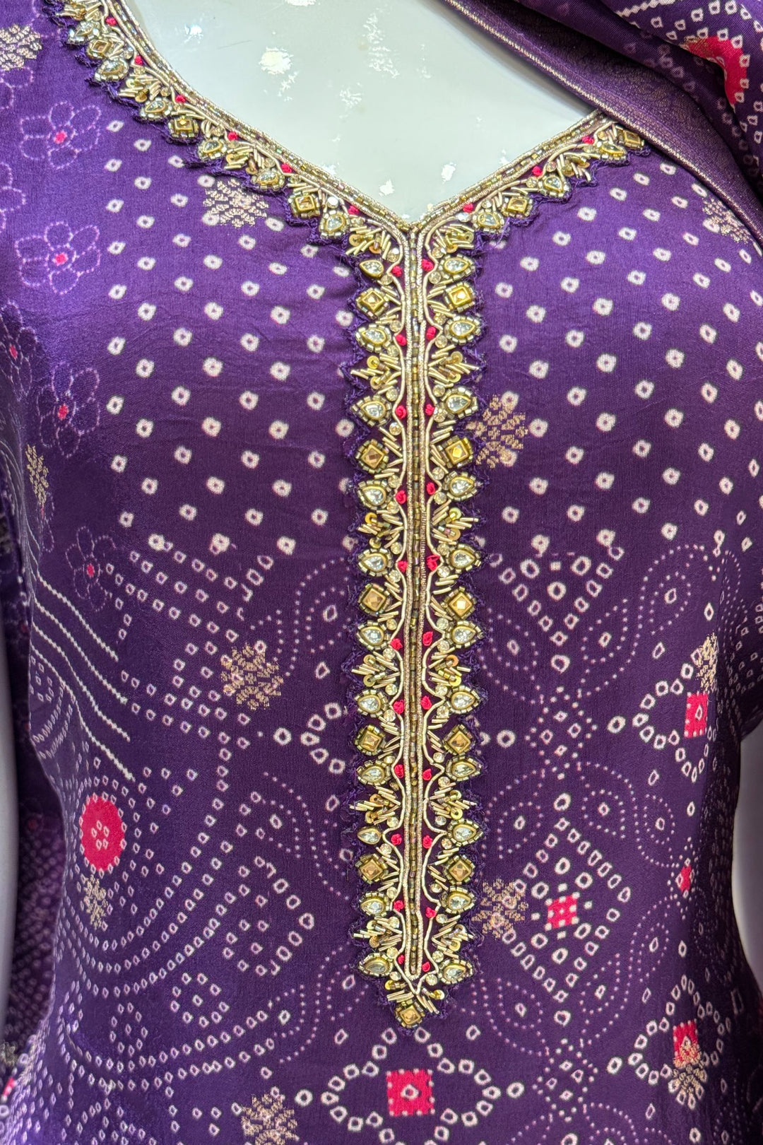Purple Mirror, Kundan and Banaras work with Bandini Print Straight Cut Salwar Suit