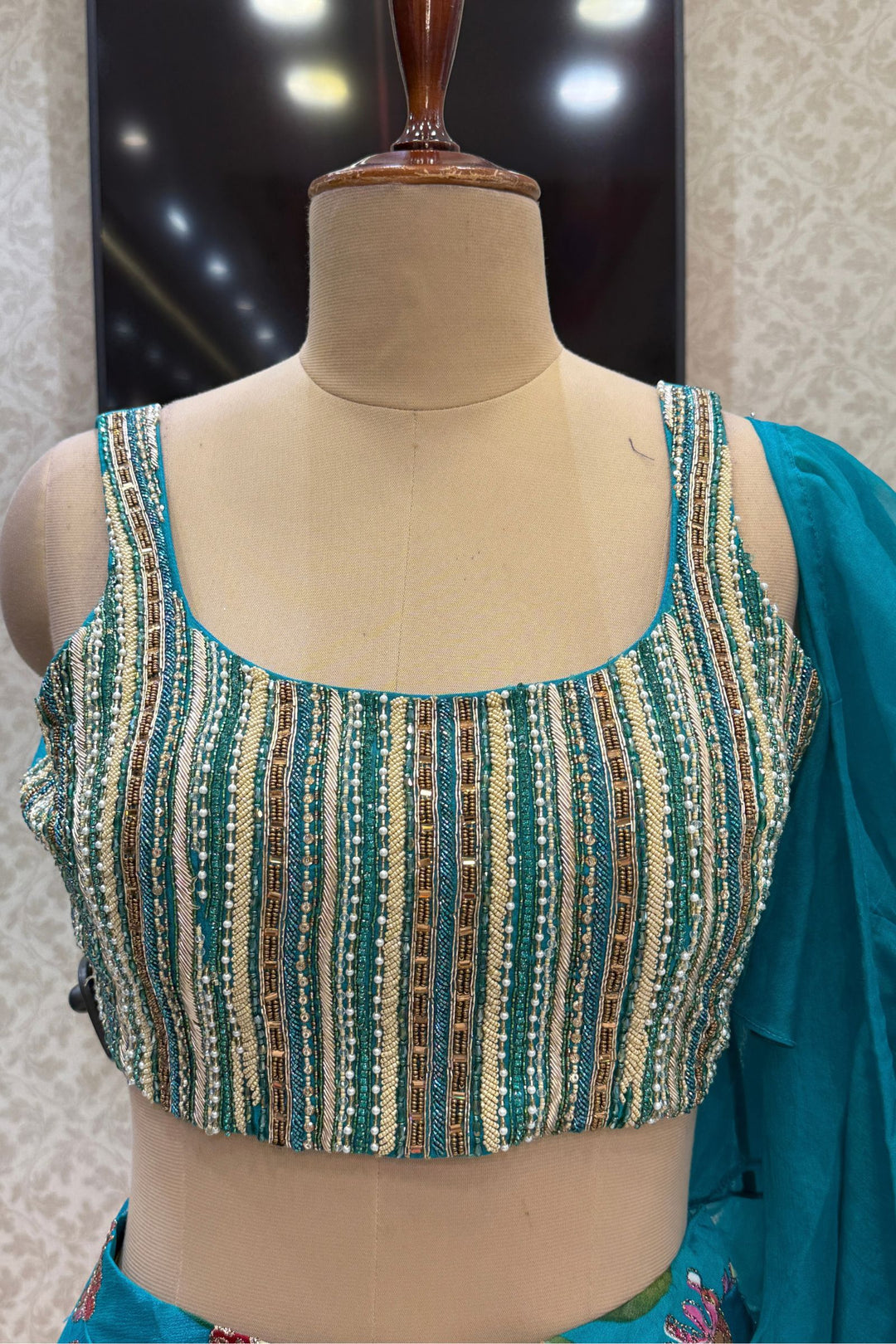 Rama Green Beads, Zardozi, Sequins, Stone and Zari work with Floral Print Lehenga Set