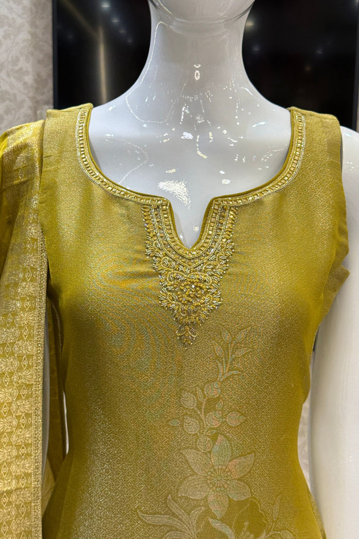Liril Green Brocade, Zardozi, Beads, Thread, Stone and Zari work Straight Cut Salwar Suit