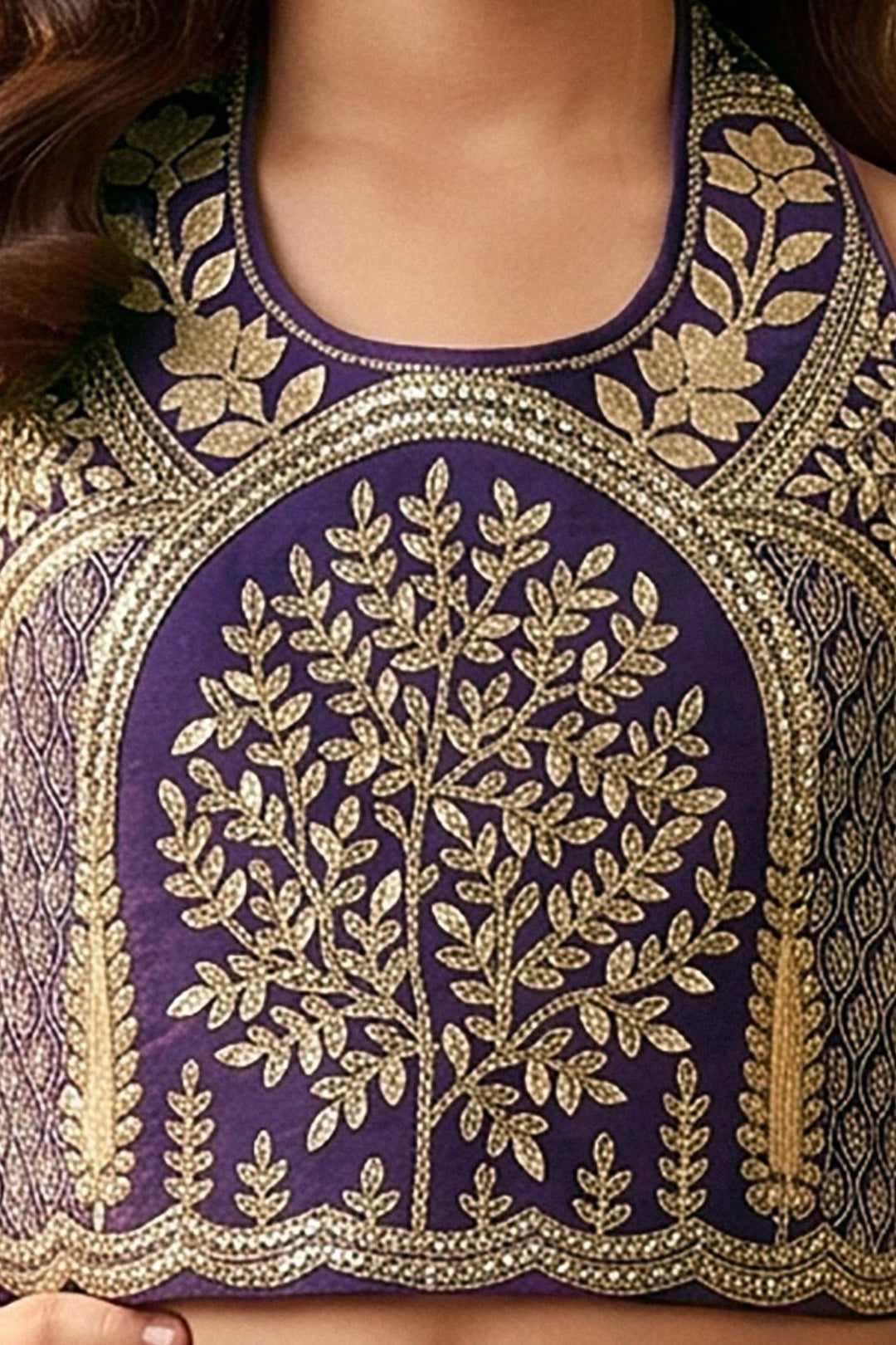 Royal Purple Halter Neck Girls Lehenga Choli with Gold Zari Embroidery and Sequins work
