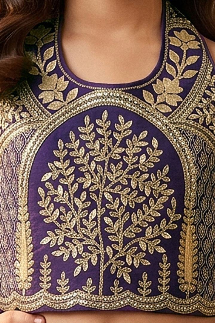 Royal Purple Halter Neck Girls Lehenga Choli with Gold Zari Embroidery and Sequins work