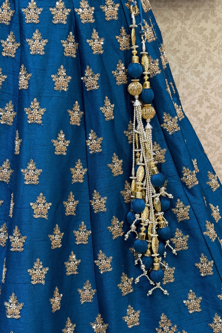 Teal Blue Beads, Zari, Zardozi and Sequins work Crop Top Designer Bridal Lehenga with Belt