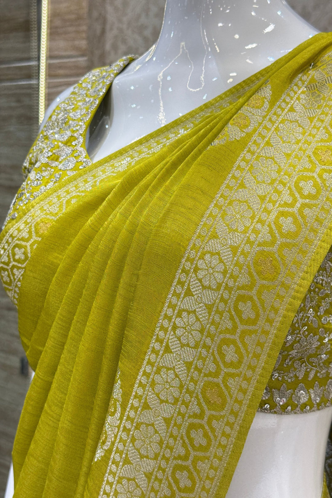 Green Banaras Zari work Saree with Zari and Sequins work Readymade Blouse
