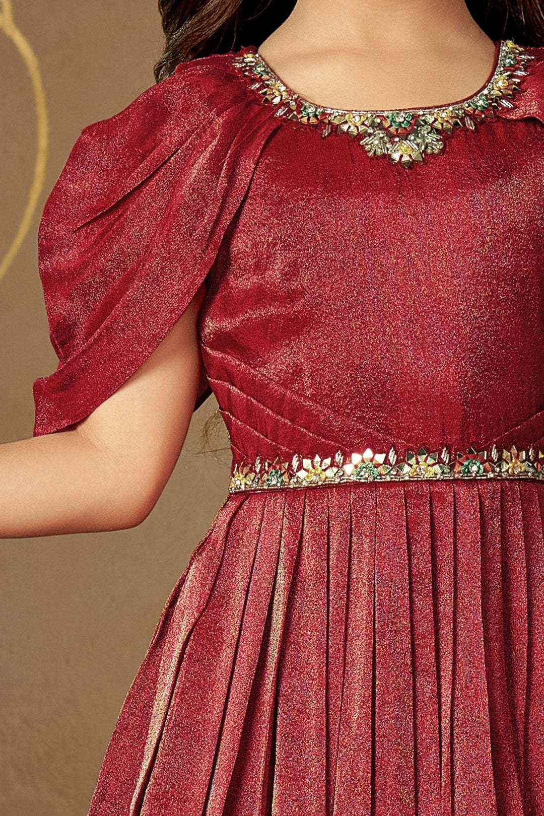 Maroon Mirror, Stone and Thread work with Digital Print Long Party Gown for Girls