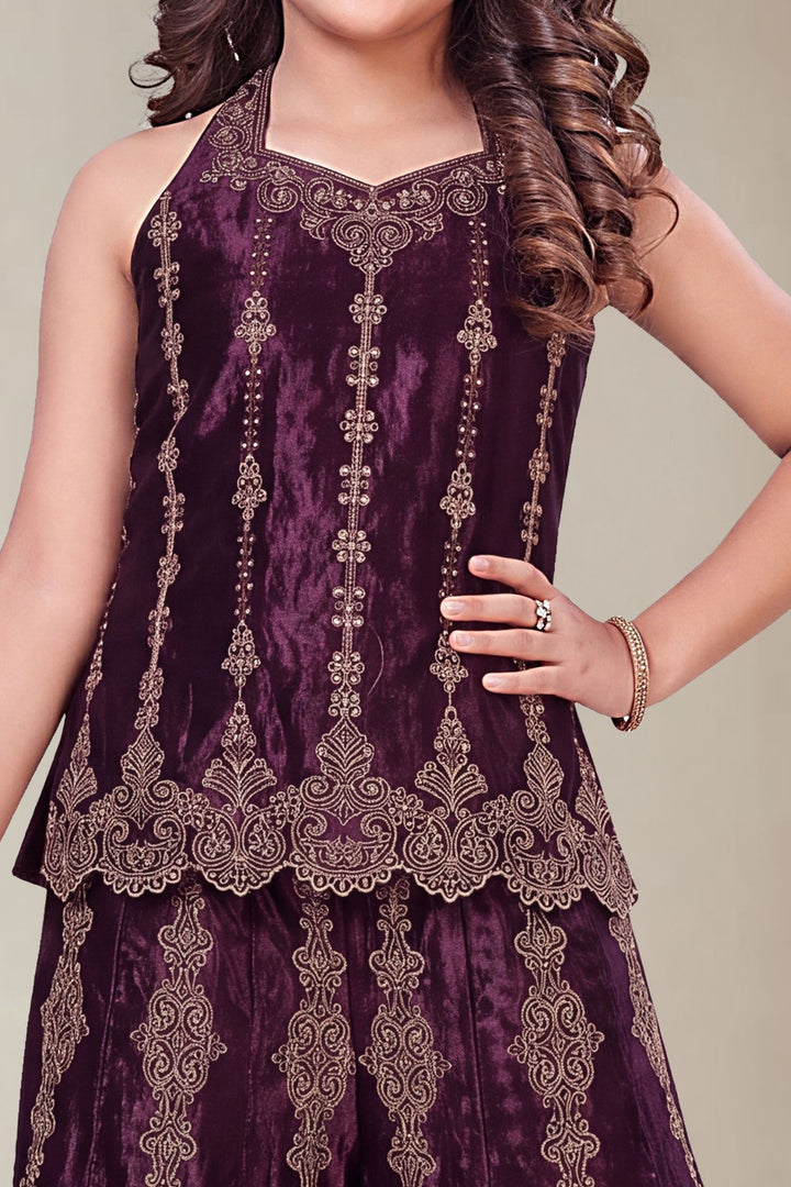 Wine Stone and Zari work Palazzo Suit Set for Girls