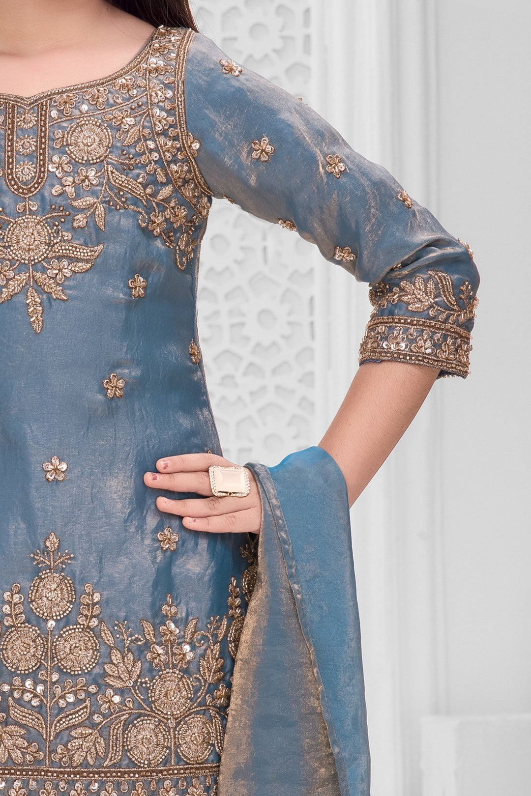 Greyish Blue Beads, Zari and Sequins work Palazzo Suit Set for Girls