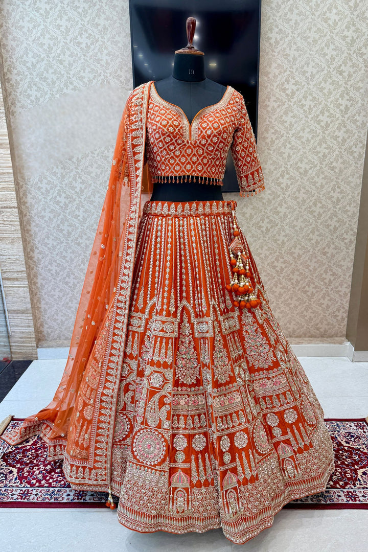 Rust Handworked Zardozi, Sequins, Pearl and Beads work Crop Top Designer Bridal Lehenga