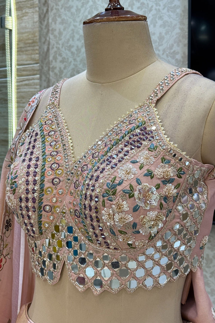Light Peach Mirror, Sequins, Embroidery, Zardozi and Beads work Crop Top Lehenga