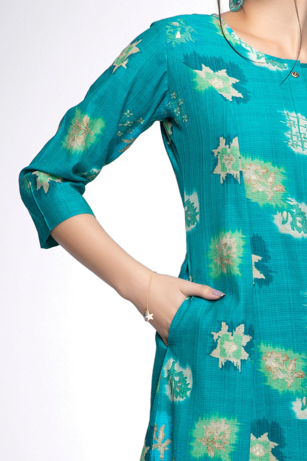 Rama Green Digital Print Aline Cut Calf Length Kurti
