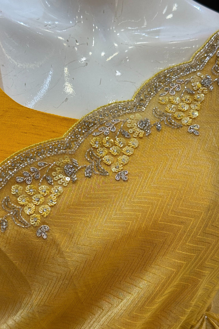 Yellow Beads, Stone, Zardozi, Sequins and Pearl work Saree