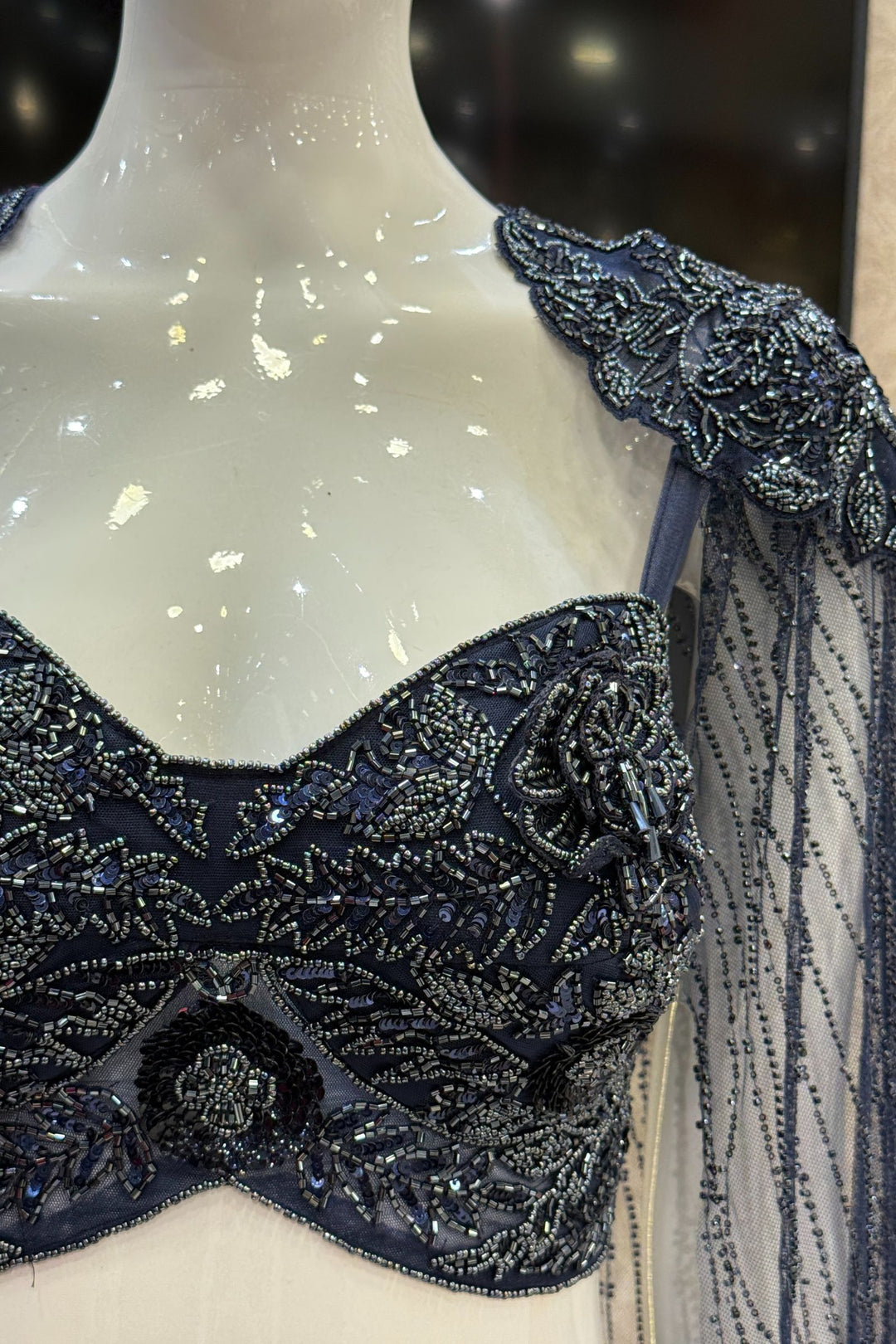 Navy Blue Indo-Western Styled Beads and Sequins work Crop Top and Cowl Skirt