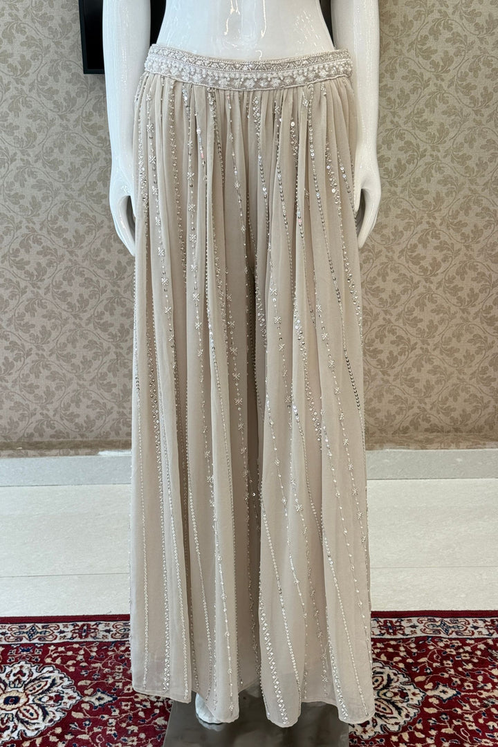 Beige Beads, Sequins and Thread work Halter Neck Palazzo Set