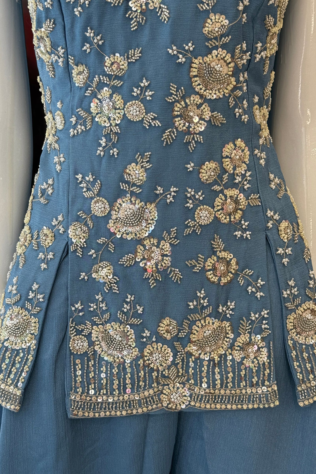 Sea Blue Beads, Zari and Sequins work Palazzo Salwar Suit
