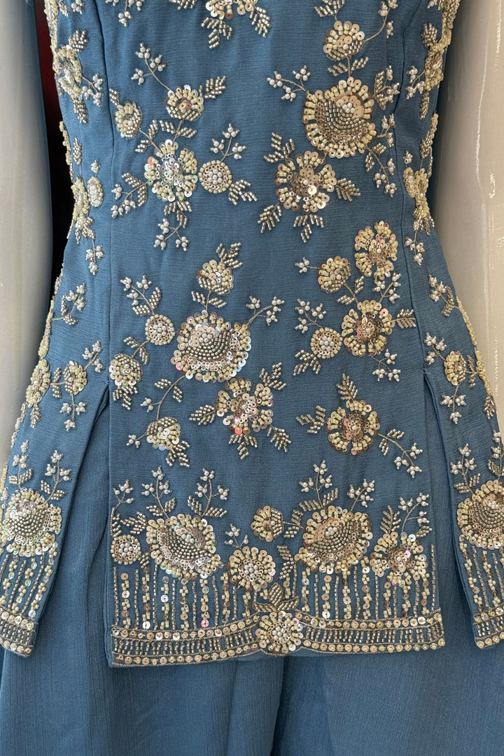 Sea Blue Beads, Zari and Sequins work Palazzo Salwar Suit