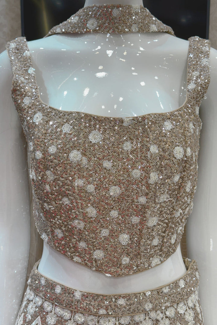 Beige Sequins, Stone and Thread work Crop Top with Palazzo Pant