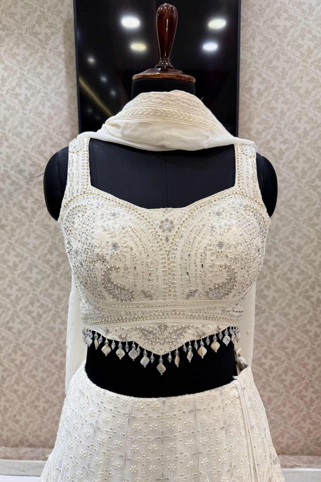 Cream Stone, Pearls, Zari, Sequins, Mirror, Beads and Embroidery work Crop Top Lehenga