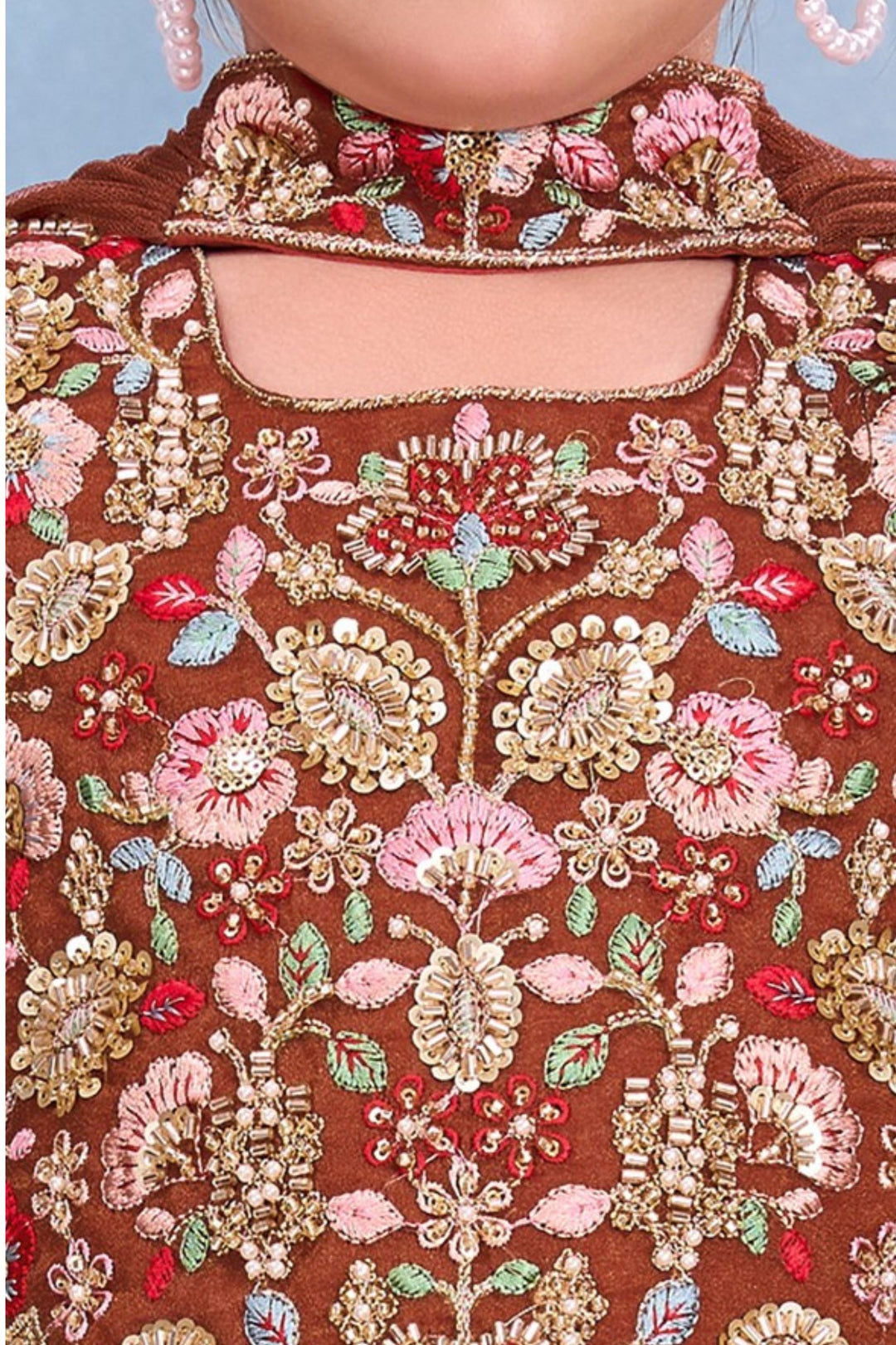 Rust Beads and Embroidery work Palazzo Suit Set for Girls
