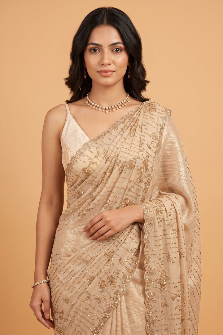 Peach Saree Featuring Stone and Beads work