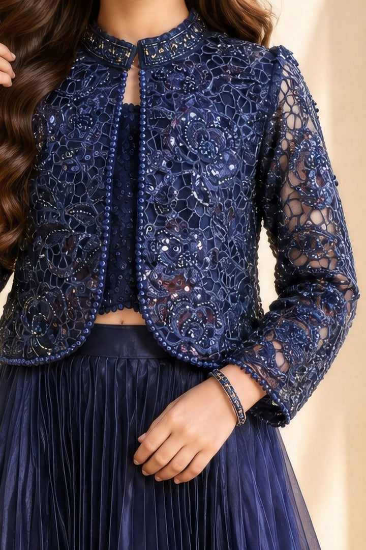 Navy Blue Sequins and Beads work Jacket Styled Lehenga Choli for Girls
