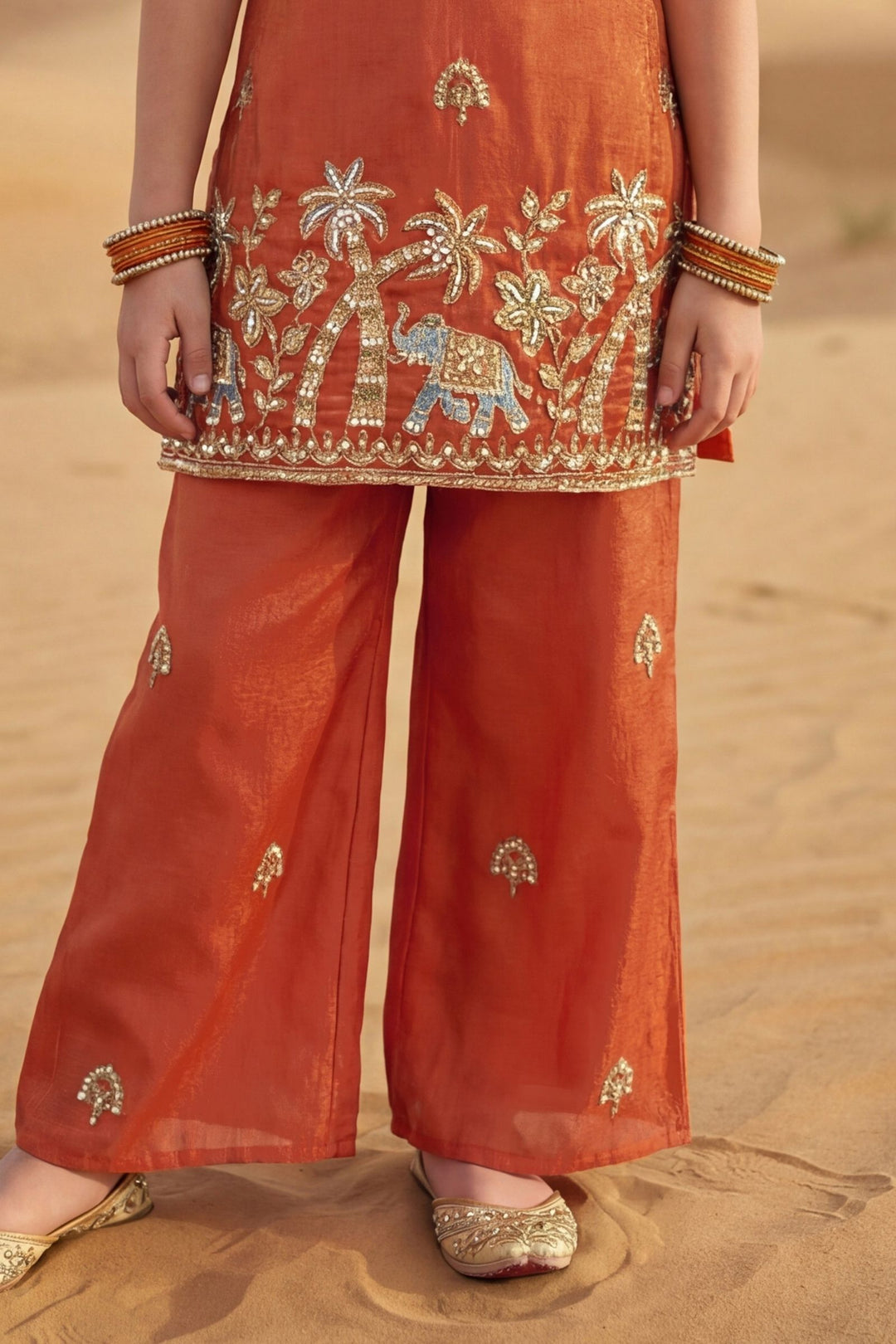 Orange Beads, Zari and Thread work Palazzo Suit Set for Girls