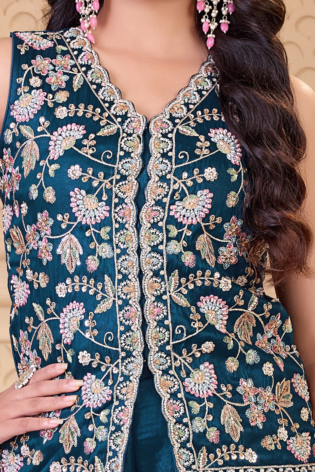 Teal Blue Multicolor Embroidery, Beads and Sequins work Palazzo Suit Set for Girls