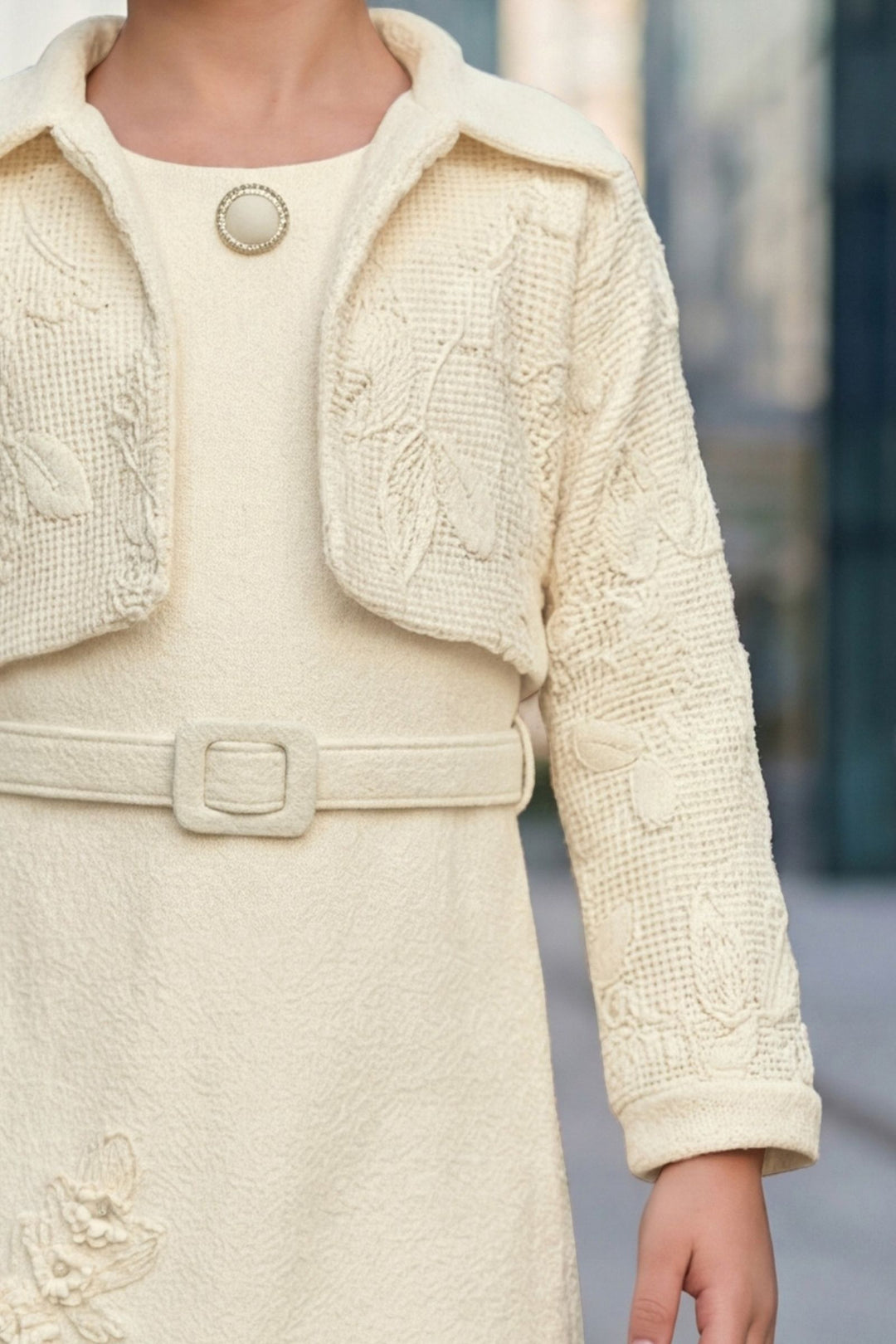 Cream Sequins, Stone, Thread and Zari Weaving work Jacket Styled Short Frock For Girls