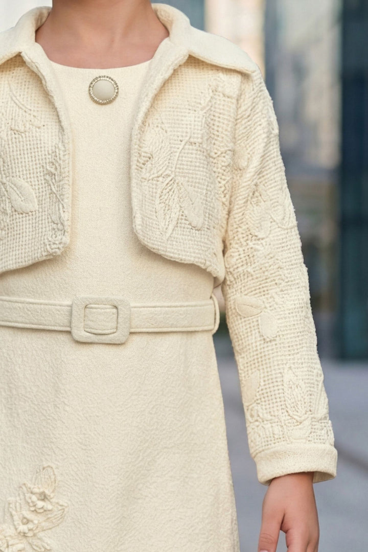 Cream Sequins, Stone, Thread and Zari Weaving work Jacket Styled Short Frock For Girls