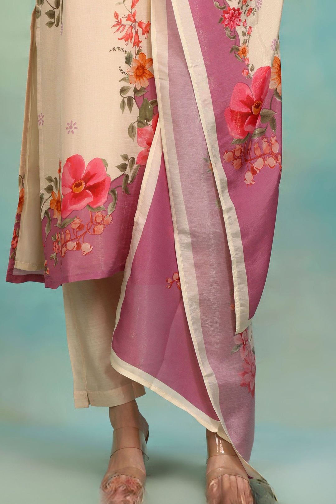 Cream Beads and Sequins work with Floral Print Straight Cut Salwar Suit