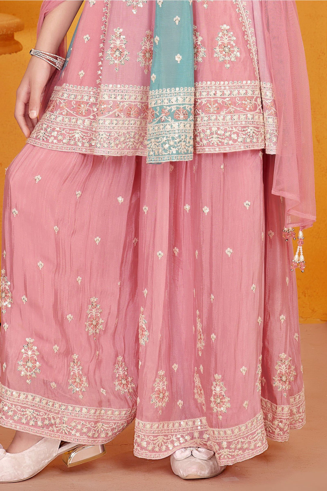 Baby Pink Thread, Sequins, Mirror and Stone work Palazzo Suit Set for Girls