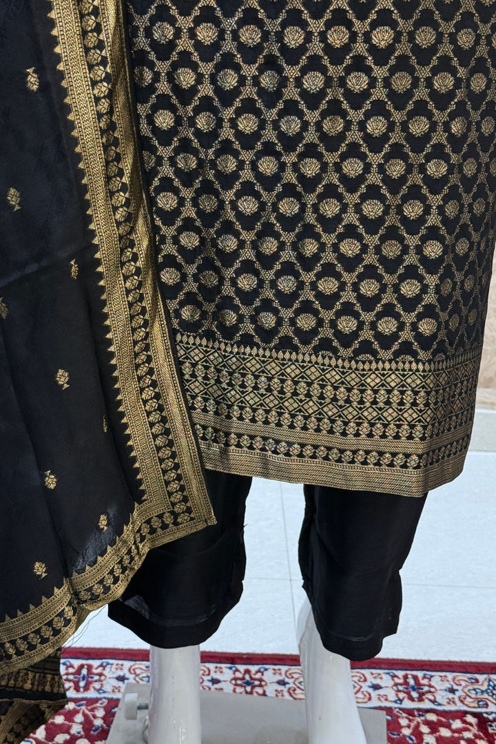 Black Banaras work V-Neck Straight Cut Salwar Suit