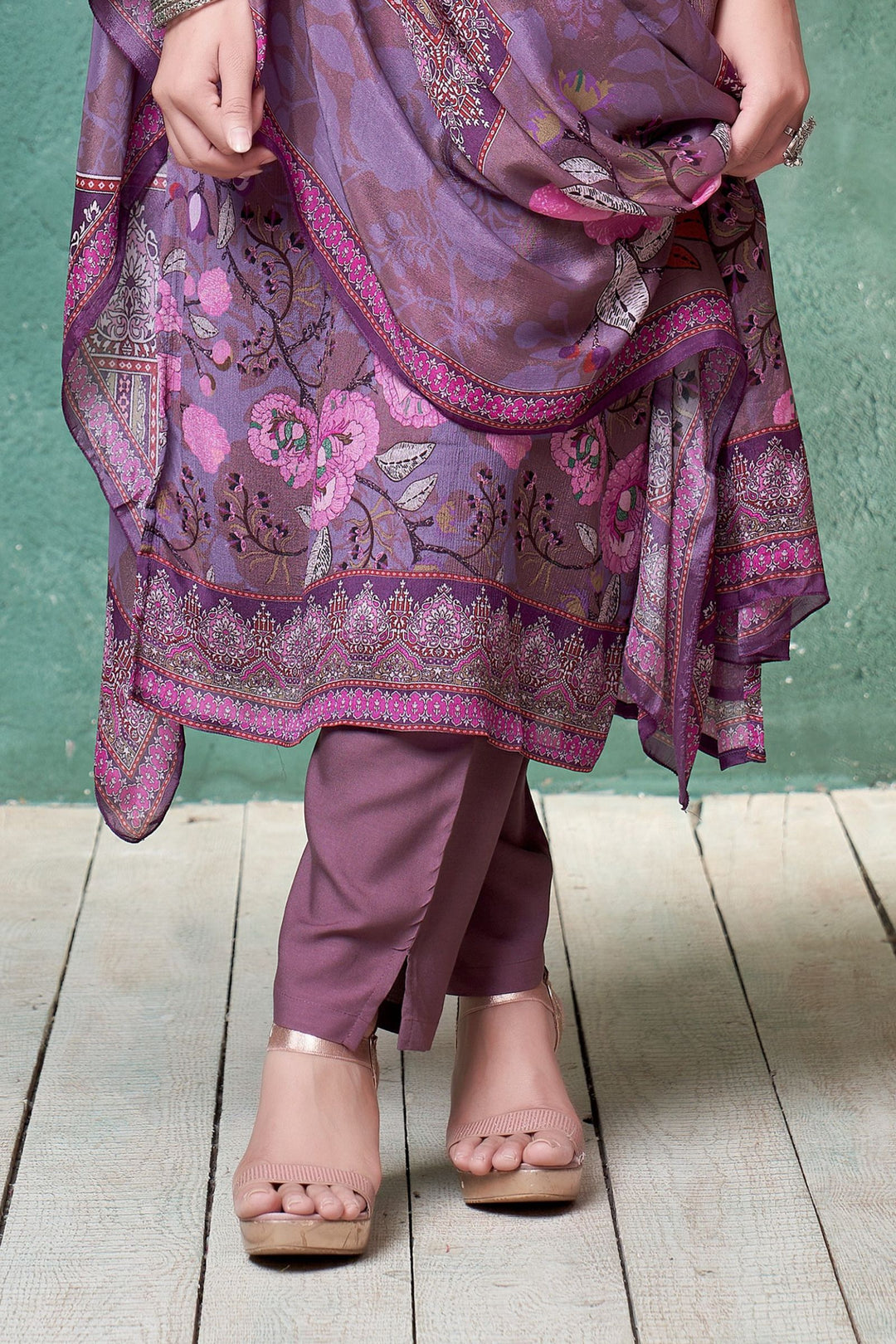 Purple Beads work with Floral Print Straight Cut Salwar Suit